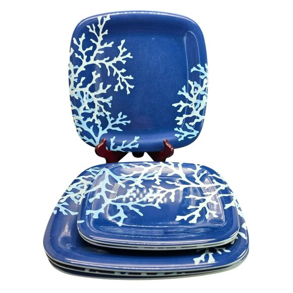 Martha Stewart Blue Coral Square Melamine Plates 4 Dinner and 2 Lunch Set DH1324 - Picture 1 of 6